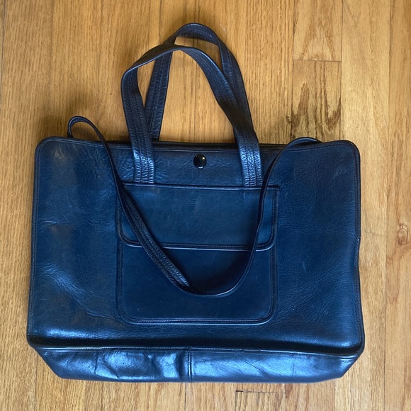 Vintage Handbags - Vintage Navy Handmade Leather Large Tote Bag Handles & Shoulder Strap